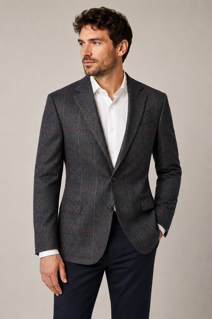Indochino Made For You 100% Wool Windowpane Blazer Sport Coat Gray 2 Button